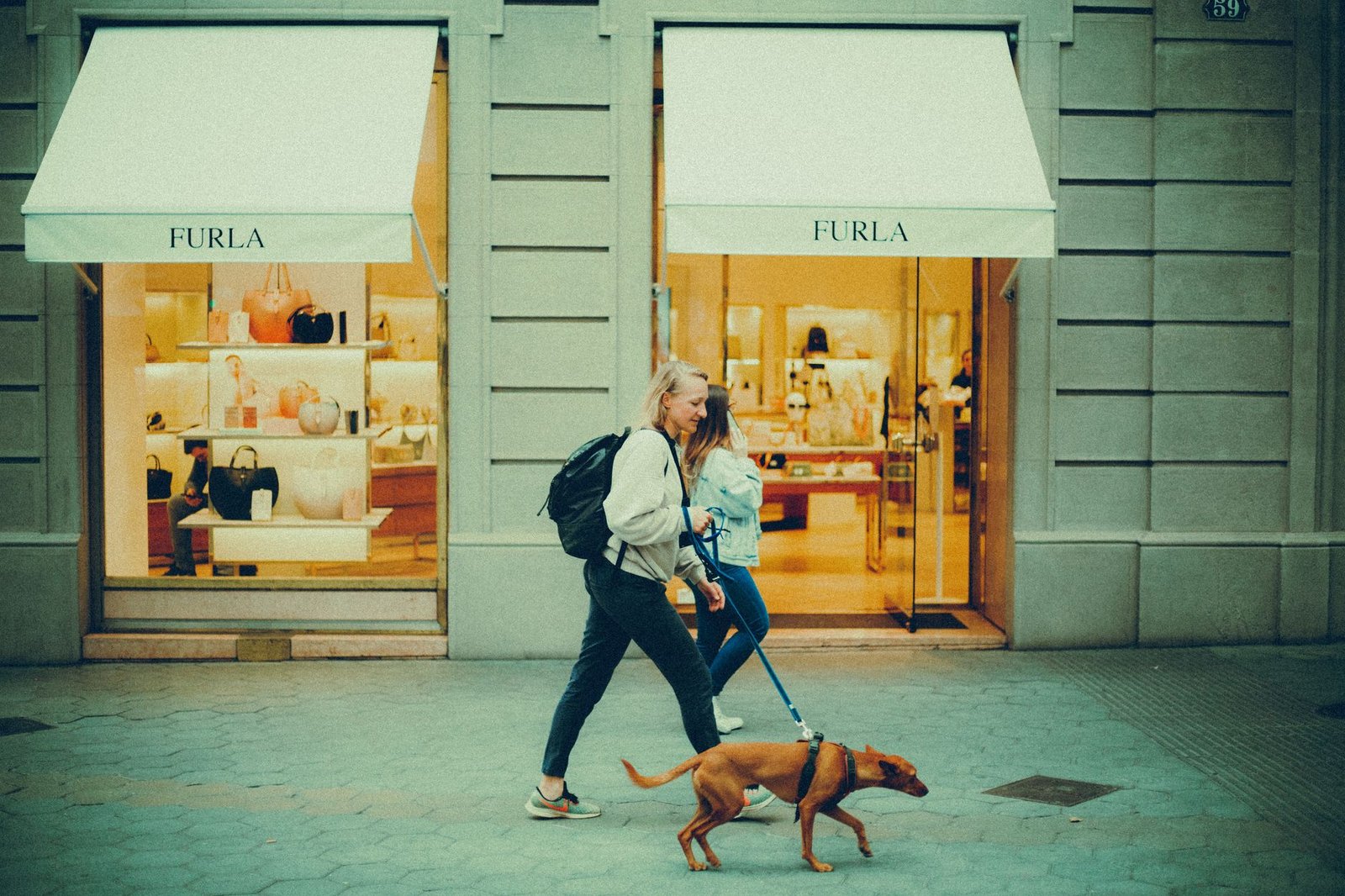 Two women walking a dog past a Furla store in a city shopping district.